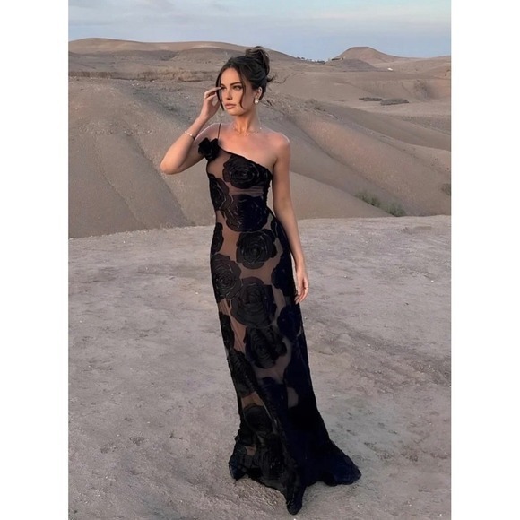 Commense Dresses & Skirts - COMMENSE Jacquard Floral Asymmetrical Black Maxi Dress 3D Rose Evening Gown M